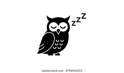 Adorable black and white icon of a sleeping owl, perfect for sleep products, bedtime stories, and nocturnal nature themes.