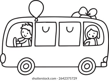 Adorable black and white illustration of a cartoon bus with a boy driving and a girl passenger, carrying gifts and a balloon. Perfect for children's books, coloring pages, or educational materials.