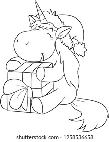 Adorable black and white illustration of a cute little unicorn holding and hugging a Christmas present, beautifully drawn,  perfect for children's coloring book or Christmas card