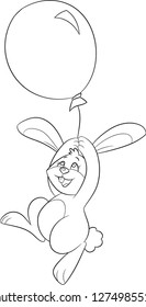 Adorable black and white illustration of a cute little rabbit holding a big balloon, floating in the air, perfect for children's coloring book, Easter card, or party invitation