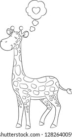 Adorable black and white illustration of a cute little giraffe, with a heart above it's head, perfect for children's coloring book, or coloring game, or Valentine's Day card