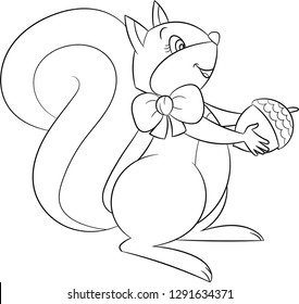 Adorable black and white kawaii illustration of a cute little squirrel holding an acorn, in contour, perfect for children's coloring book or coloring game