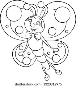 Adorable black and white kawaii illustration of a cute little butterfly, smiling and flying,in contour, perfect for children's coloring book or coloring game,