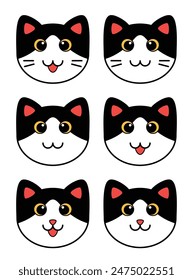 Adorable black and white kitty cat faces outline vector illustration, with three-shaped mouth, yellow eyes. Happy cute simple cat cartoon variation in flat style design. Isolated on white background.