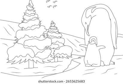 Adorável arte da linha preta e branca de uma família de pinguins em uma floresta nevada, ideal para atividades de coloração de crianças, projetos educacionais.