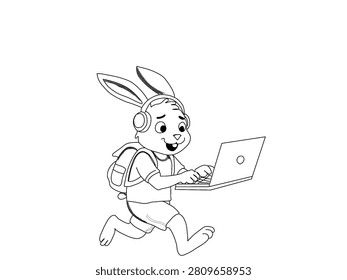 Adorable black and white line art illustration of a cute rabbit student wearing headphones and a backpack while using a laptop computer. The cheerful bunny character is walking and studying online, representing e-learning, distance education, digital technology, online classes, remote learning, school activities, and modern student life. Clean outline design isolated on a white background, perfect for coloring books, educational materials, children's content, stickers, merchandise, websites, and stock illustration projects.