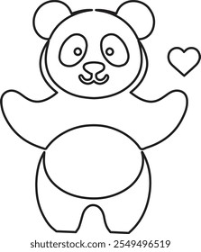 Adorable black and white line drawing featuring a lovable panda bear with a heart shape. Great for illustrations, kids' artwork, coloring books, children's stories, education, or decor purposes.