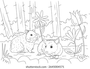 Adorável desenho de linha preto e branco de dois pequenos animais peludos em uma floresta com flores - ótimo para as atividades de coloração das crianças.