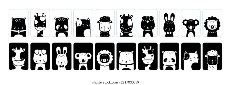 Adorables tarjetas montessori blancas y negras con animales.