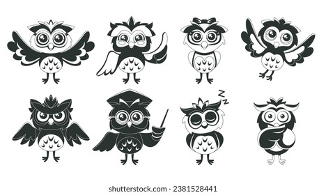 Adorable Black And White Owls Characters With Big, Round Eyes. Their Monochrome Feathers Add Charm, Vector Illustration