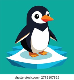 Adorable black and white penguin with orange beak and feet on small ice platform in sea