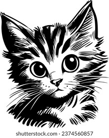 "Adorable Black and White Vector Illustration of a Cute Kitten"