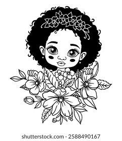 Adorable black and white vector illustration of a cute girl with curly hair, floral crown, and flowers. Charming and delicate line art, perfect for coloring books, prints, decor, and digital designs