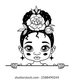 Adorable black and white vector illustration of a cute girl with curly hair, floral crown, and flowers. Charming and delicate line art, perfect for coloring books, prints, decor, and digital designs