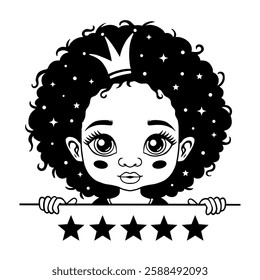 Adorable black and white vector illustration of a cute girl with curly hair, a crown, and stars. Whimsical and charming line art, ideal for coloring books, prints, digital designs, and decorative