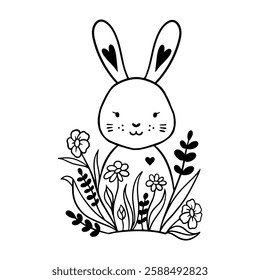 Adorable black and white vector illustration of a cute bunny with heart-shaped ears, surrounded by flowers and leaves. Perfect for coloring books, nursery prints, greeting cards, and creative designs.