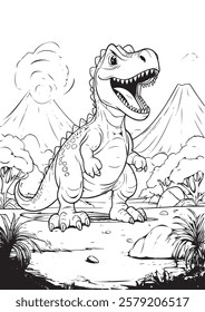 Adorable black-and-white coloring page of a smiling cartoon T-Rex dinosaur in a prehistoric setting with erupting volcanoes, trees, and rocky terrain.