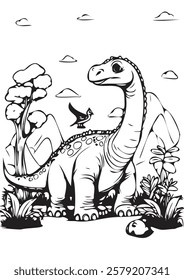 Adorable black-and-white coloring page of a smiling cartoon dinosaur with a friendly pterosaur perched on its back. 