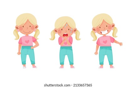 Adorable blonde girl showing different emotions set. Cute kid with cheerful, scared, smiling face expression cartoon vector illustration