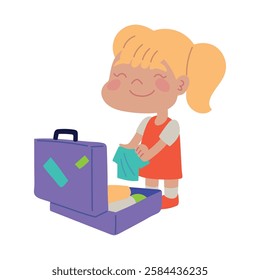 Adorable blonde girl sitting next to her purple suitcase