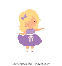 Adorable Blonde Little Girl in Purple Dress Cartoon Vector Illustration