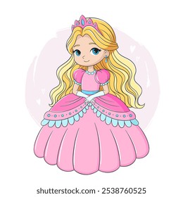 Adorable blonde princess in pink dress and crown, tiara isolated on white background. Cute children's illustration of beautiful girl for cards, print, design