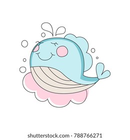Adorable blue baby whale. Pink cloud on background. Marine creature. Children hand drawn style. Isolated flat linear design for greeting card, sticker or print