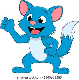 Adorable blue cartoon cat character standing upright, smiling happily, and waving with one hand