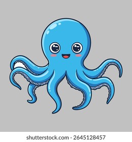 Adorable Blue Cartoon Octopus with Big Eyes and a Happy Smile Floating on a Neutral Background