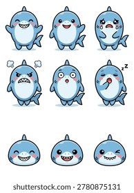 Adorable blue cartoon shark characters displaying a range of emotions including happiness, sadness, anger, surprise, and sleepiness in a kawaii style
