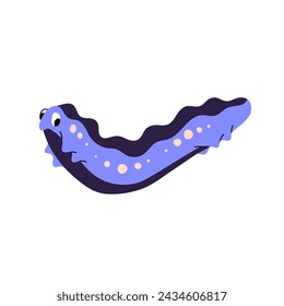 Adorable blue centipede with sad facial expression. Cute caterpillar character with upset emotions. Offended butterfly larva, little worm. Flat isolated vector illustration on white background