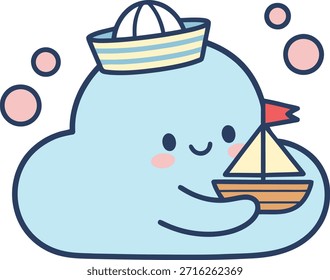 Adorável personagem de nuvem azul usando um chapéu de marinheiro e segurando um barco de brinquedo. Ilustração vetorial plana de alta qualidade para decoração infantil, adesivos e desenhos náuticos.
