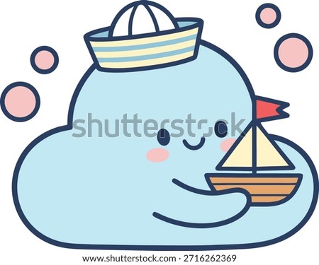Adorable blue cloud character wearing a sailor hat and holding a toy boat. High-quality flat vector illustration for kids' nursery decor, stickers, and nautical designs.
