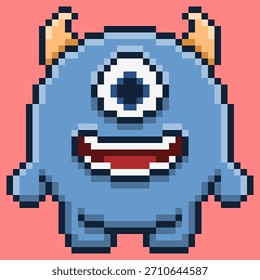 Adorable personaje monstruo de cíclope azul diseñado en estilo retro pixel art. Esta linda criatura de 8 bits cuenta con un solo ojo Grande, cuernos Pequeños y una sonrisa amistosa, perfecta para mascota