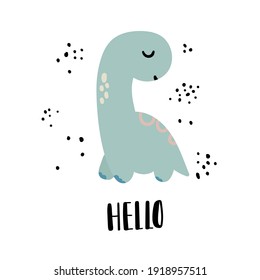 Un adorable dinosaurio azul sobre un fondo blanco con la leyenda hola. Tarjeta de saludo vectorial para imprimir en camisetas, ropa, invitaciones a la ducha de bebé o tarjeta de saludo