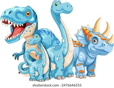Adorable blue dinosaurs in a group illustration