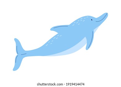 Adorable blue dolphin isolated on white background. Side view of cute friendly fish. Childish character. Colored flat cartoon vector illustration