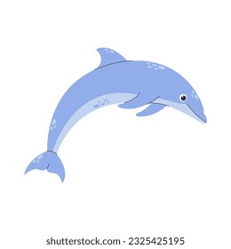 Adorable blue dolphin isolated on white background. Side view of cute friendly fish. Childish character. Colored flat cartoon vector illustration