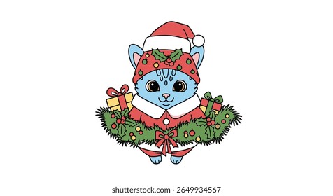 Adorable blue feline character dressed in festive christmas attire holding a garland