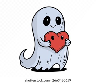 Adorable fantasma azul sosteniendo un corazón rojo y sonriendo dulcemente sobre un fondo claro. Mezcla perfecta de espeluznante y lindo. Ilustración vectorial.