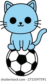 Adorable gatito azul sentado en la pelota de fútbol, linda Ilustración vectorial de dibujos animados, niños dibujando tutorial, juguetón diseño de mascotas, divertido arte animal para niños