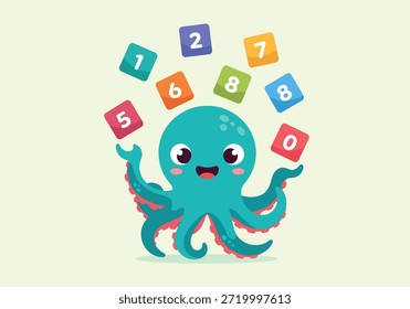 Adorable personaje de pulpo azul rodeado de bloques numerados flotantes