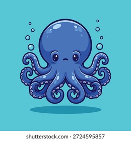 Un adorable pulpo azul con una linda expresión y ocho tentáculos flota en el agua con burbujas.