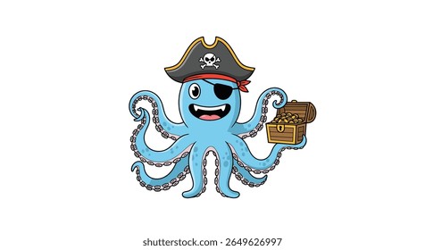 Adorável personagem pirata de polvo azul segurando um baú cheio de moedas de ouro e joias