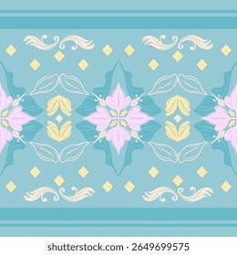 Adorable Blue Sparkle Florals Blooming Starry Sky Imaginary Pattern. Exquisitely Abstract Hand Drawn Astronomy Inspired Stars Cloud And Meadow Ornament Pink Cyan Yellow for Interior Book Cover Fashion