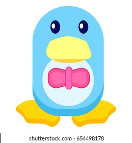 Adorable blue toy penguin in pink bowtie with big yellow beak and legs isolated vector illustration on white background.