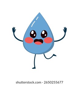 Adorable blue water droplet mascot in kawaii cartoon style vector illustration. Drawing for hydration campaigns, eco awareness and kid health promotions