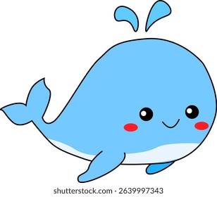 Adorable Blue Whale Cartoon Illustration with Cute Face and Water Splash – Fun Marine Animal for Kids and Learning Materials