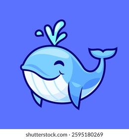 Adorable blue whale with a cheerful expression and water splash. Vector illustration.