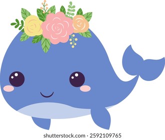 Adorable blue whale in a flower wreath. Cute sea wildlife, ocean, nautical vector illustration.